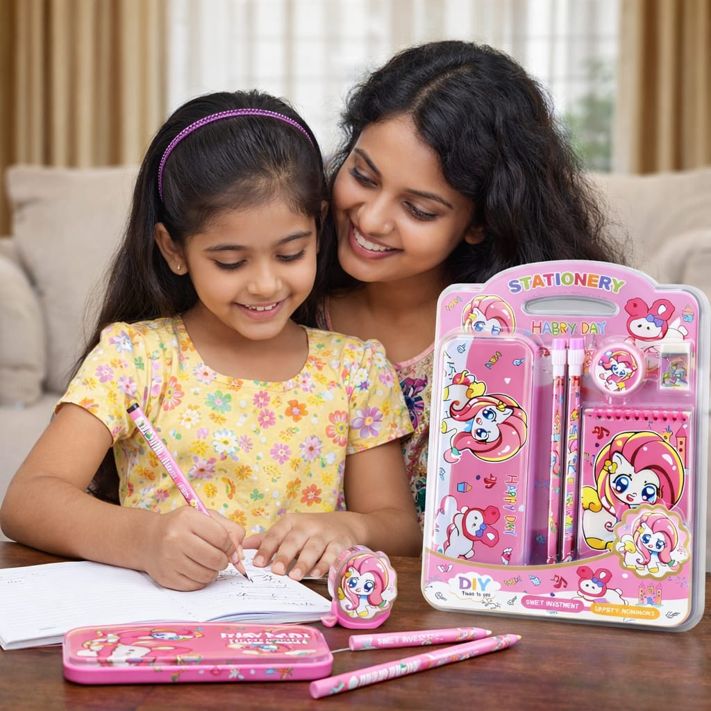 Cute Unicorn Kids Stationery Set | Pink School Supplies Kit with Pencil, Eraser, Sharpener & Notebook | Gift Set for Girls