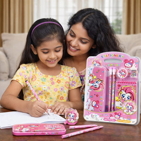 Cute Unicorn Kids Stationery Set | Pink School Supplies Kit with Pencil, Eraser, Sharpener & Notebook | Gift Set for Girls