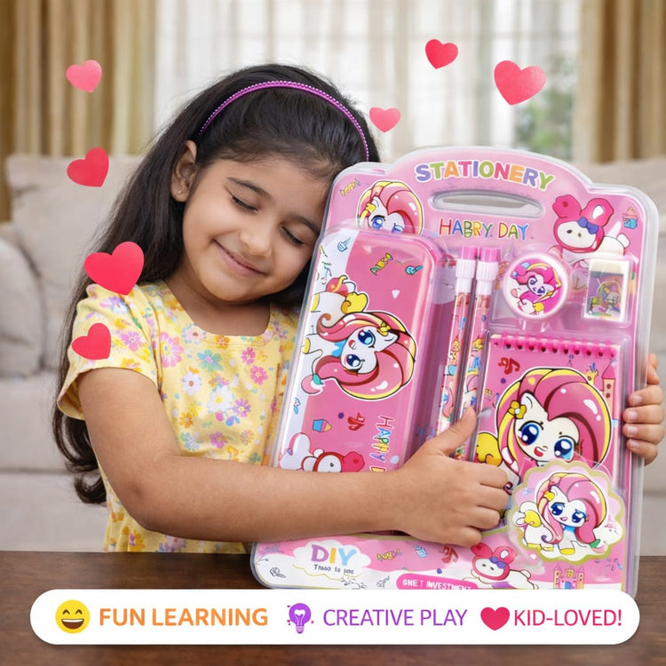 Cute Unicorn Kids Stationery Set | Pink School Supplies Kit with Pencil, Eraser, Sharpener & Notebook | Gift Set for Girls
