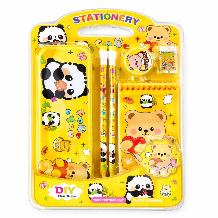 Panda Theme Stationery Set for Kids | Metal Pencil Box with Printed Pencils, Eraser, Sharpener & Spiral Notepad | Cute School Supplies Gift Kit for Boys & Girls