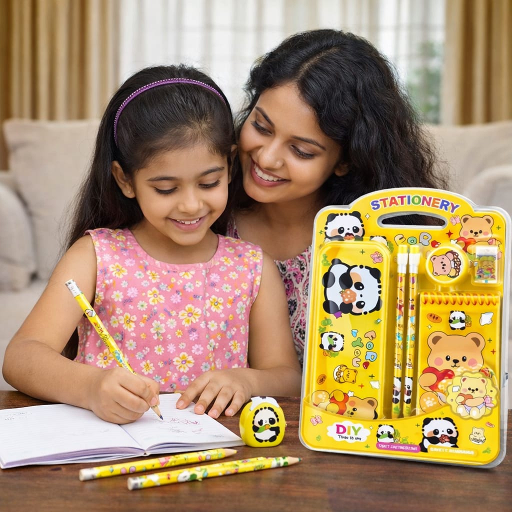 Panda Theme Stationery Set for Kids | Metal Pencil Box with Printed Pencils, Eraser, Sharpener & Spiral Notepad | Cute School Supplies Gift Kit for Boys & Girls