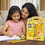 Panda Theme Stationery Set for Kids | Metal Pencil Box with Printed Pencils, Eraser, Sharpener & Spiral Notepad | Cute School Supplies Gift Kit for Boys & Girls