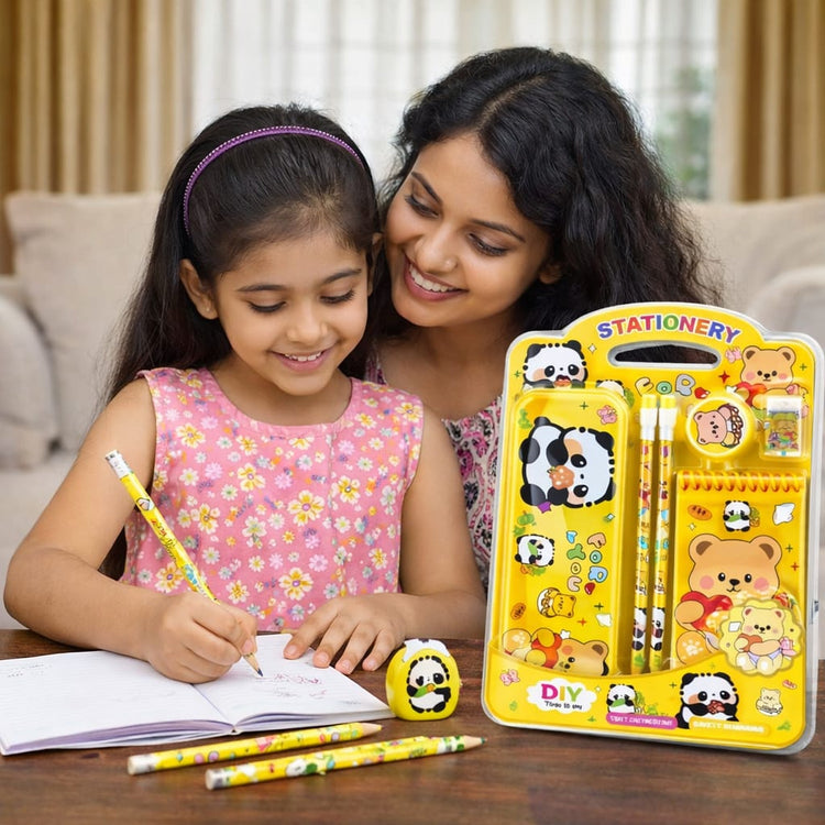 Panda Theme Stationery Set for Kids | Metal Pencil Box with Printed Pencils, Eraser, Sharpener & Spiral Notepad | Cute School Supplies Gift Kit for Boys & Girls