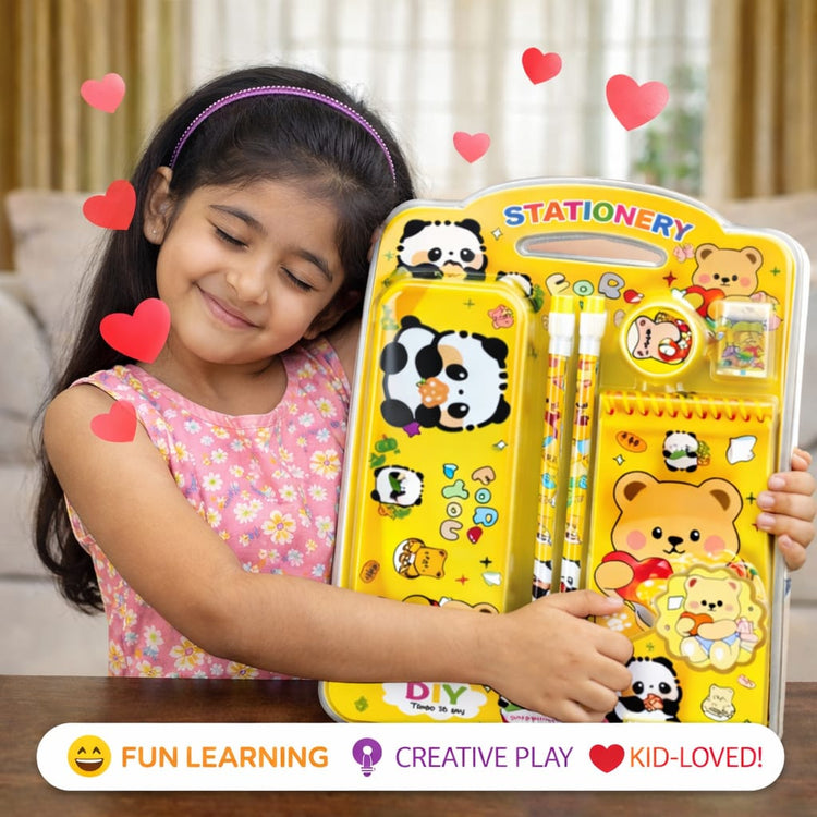 Panda Theme Stationery Set for Kids | Metal Pencil Box with Printed Pencils, Eraser, Sharpener & Spiral Notepad | Cute School Supplies Gift Kit for Boys & Girls