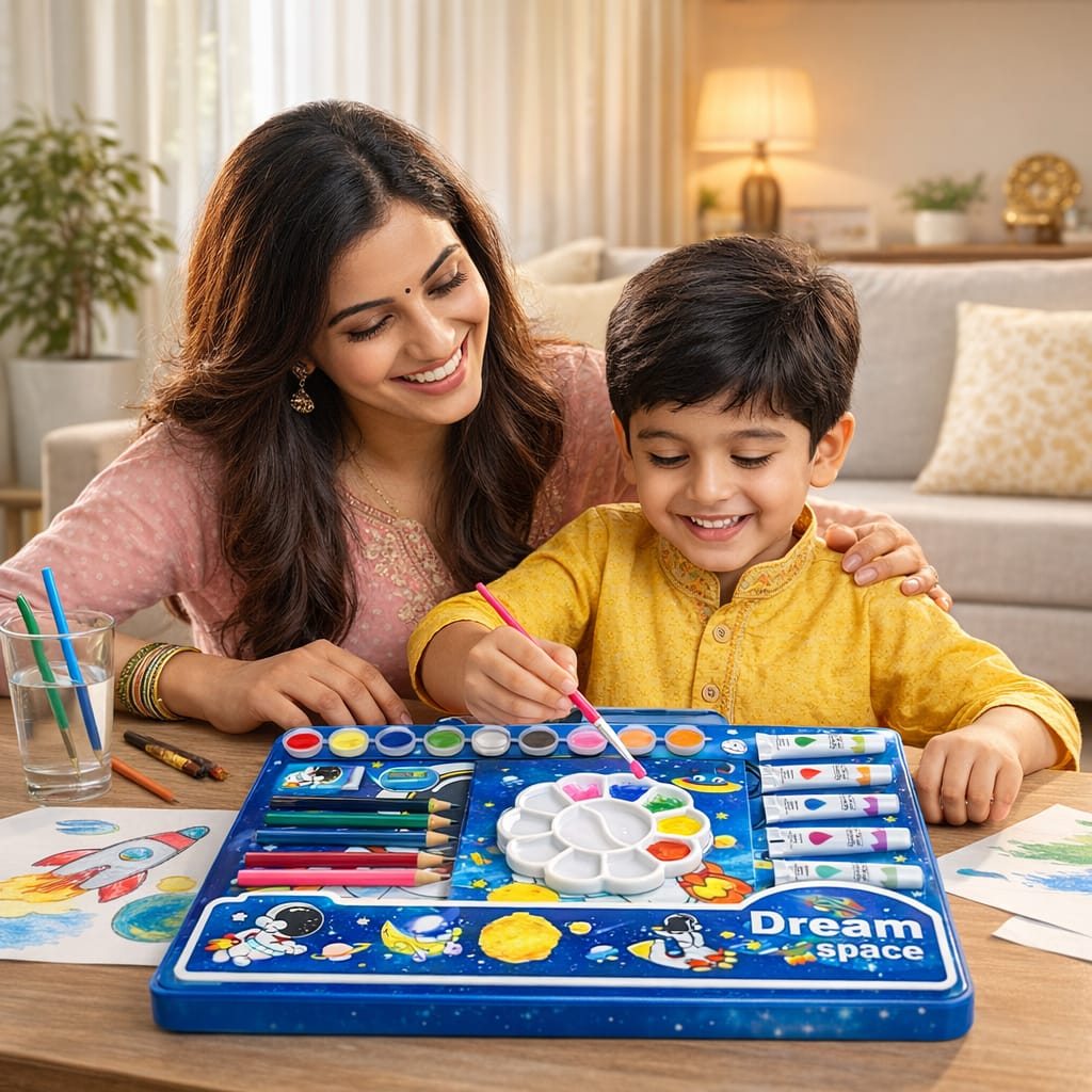 Kids Space Art & Craft Kit – Deluxe Painting Set with Watercolors, Acrylic Paint Tubes, Color Pencils, Brush & Palette – Astronaut Drawing Kit for Boys & Girls, Creative Gift Set
