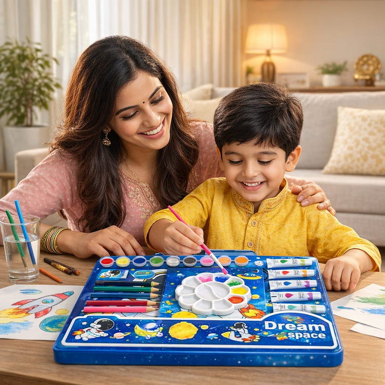 Kids Space Art & Craft Kit – Deluxe Painting Set with Watercolors, Acrylic Paint Tubes, Color Pencils, Brush & Palette – Astronaut Drawing Kit for Boys & Girls, Creative Gift Set