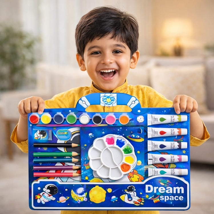 Kids Space Art & Craft Kit – Deluxe Painting Set with Watercolors, Acrylic Paint Tubes, Color Pencils, Brush & Palette – Astronaut Drawing Kit for Boys & Girls, Creative Gift Set