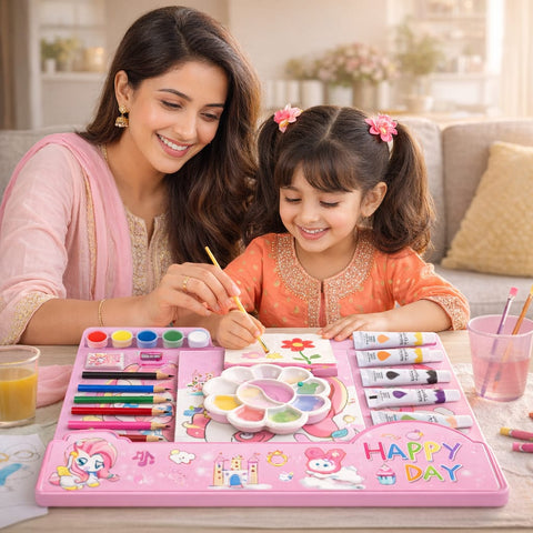 Kids Unicorn Art & Craft Kit – Deluxe Painting Set with Watercolors, Acrylic Paint Tubes, Color Pencils, Brush & Palette – Cute Cartoon Drawing Kit for Girls, Creative Gift Set