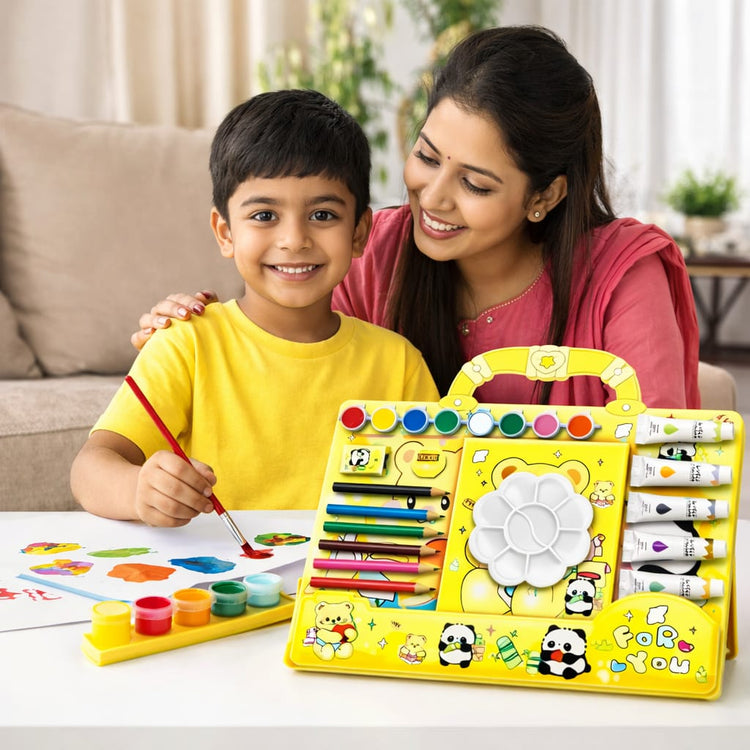 Kids Teddy Bear Art & Craft Kit – Deluxe Painting Set with Watercolors, Acrylic Paint Tubes, Color Pencils, Brush & Palette – Cute Cartoon Drawing Kit for Boys & Girls