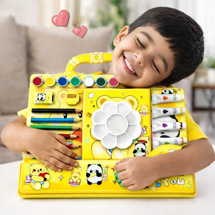 Kids Teddy Bear Art & Craft Kit – Deluxe Painting Set with Watercolors, Acrylic Paint Tubes, Color Pencils, Brush & Palette – Cute Cartoon Drawing Kit for Boys & Girls