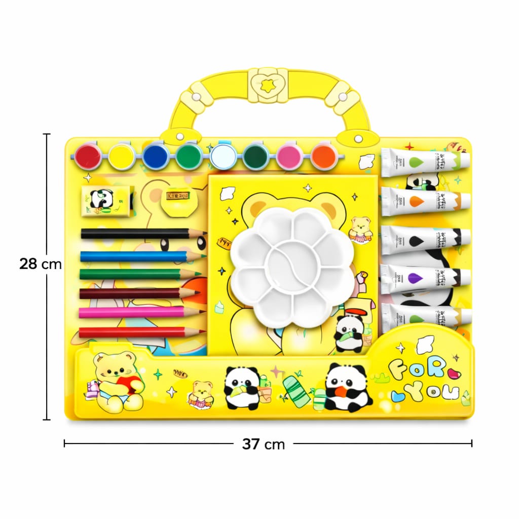 Kids Teddy Bear Art & Craft Kit – Deluxe Painting Set with Watercolors, Acrylic Paint Tubes, Color Pencils, Brush & Palette – Cute Cartoon Drawing Kit for Boys & Girls