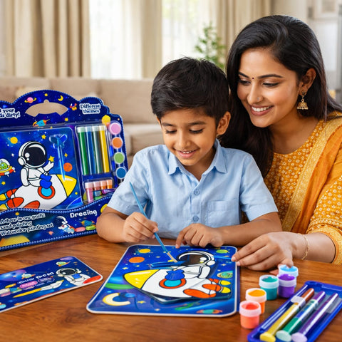 Kids Space Painting Art Set – 3 in 1 Watercolor, Sand Art & DIY Craft Kit with Paint Tubes, Brush & Tools – Astronaut Drawing Kit for Boys & Girls, Creative Gift Set
