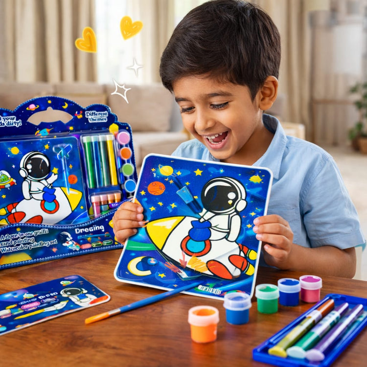 Kids Space Painting Art Set – 3 in 1 Watercolor, Sand Art & DIY Craft Kit with Paint Tubes, Brush & Tools – Astronaut Drawing Kit for Boys & Girls, Creative Gift Set