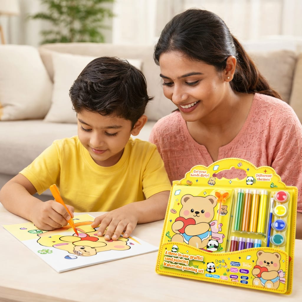 Kids Painting Art Set – 3 in 1 Watercolor, Sand Art & DIY Craft Kit with Paint Tubes, Brush & Tools – Cute Teddy Bear Drawing Kit for Boys & Girls, Creative Gift Set