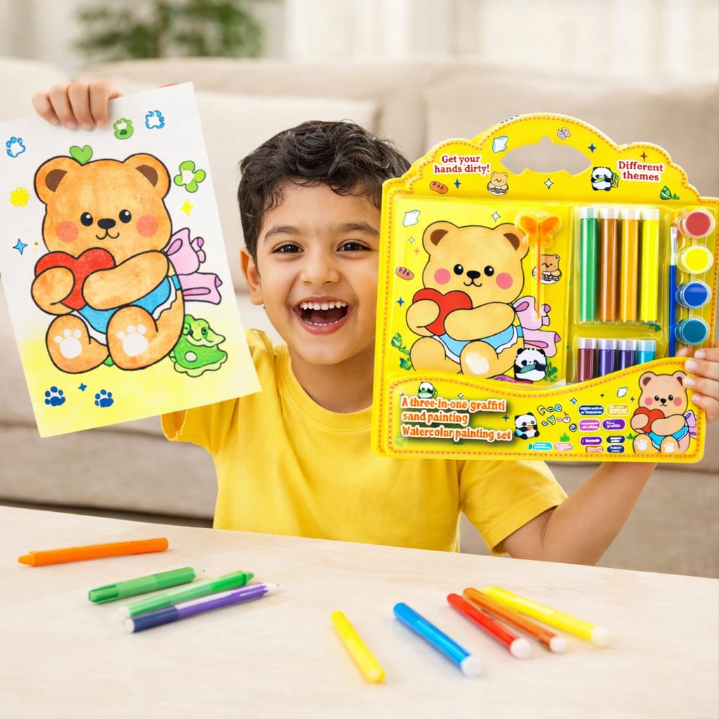 Kids Painting Art Set – 3 in 1 Watercolor, Sand Art & DIY Craft Kit with Paint Tubes, Brush & Tools – Cute Teddy Bear Drawing Kit for Boys & Girls, Creative Gift Set