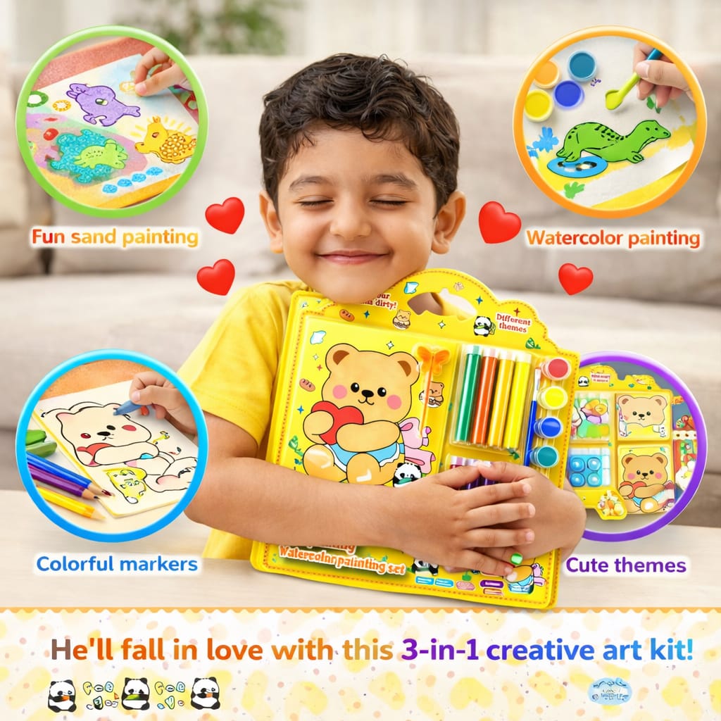 Kids Painting Art Set – 3 in 1 Watercolor, Sand Art & DIY Craft Kit with Paint Tubes, Brush & Tools – Cute Teddy Bear Drawing Kit for Boys & Girls, Creative Gift Set