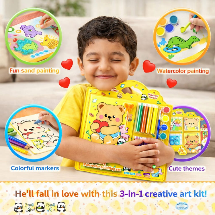 Kids Painting Art Set – 3 in 1 Watercolor, Sand Art & DIY Craft Kit with Paint Tubes, Brush & Tools – Cute Teddy Bear Drawing Kit for Boys & Girls, Creative Gift Set