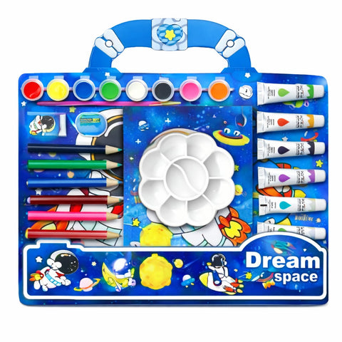 Kids Space Art & Craft Kit – Deluxe Painting Set with Watercolors, Acrylic Paint Tubes, Color Pencils, Brush & Palette – Astronaut Drawing Kit for Boys & Girls, Creative Gift Set