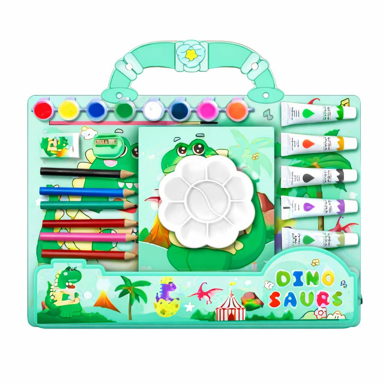 Kids Dinosaur Art & Craft Kit – Deluxe Painting Set with Watercolors, Acrylic Paint Tubes, Color Pencils, Brush & Palette – Dino Drawing Kit for Boys & Girls, Creative Gift Set
