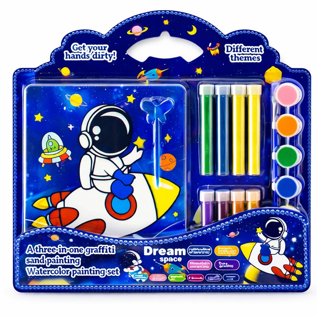Kids Space Painting Art Set – 3 in 1 Watercolor, Sand Art & DIY Craft Kit with Paint Tubes, Brush & Tools – Astronaut Drawing Kit for Boys & Girls, Creative Gift Set