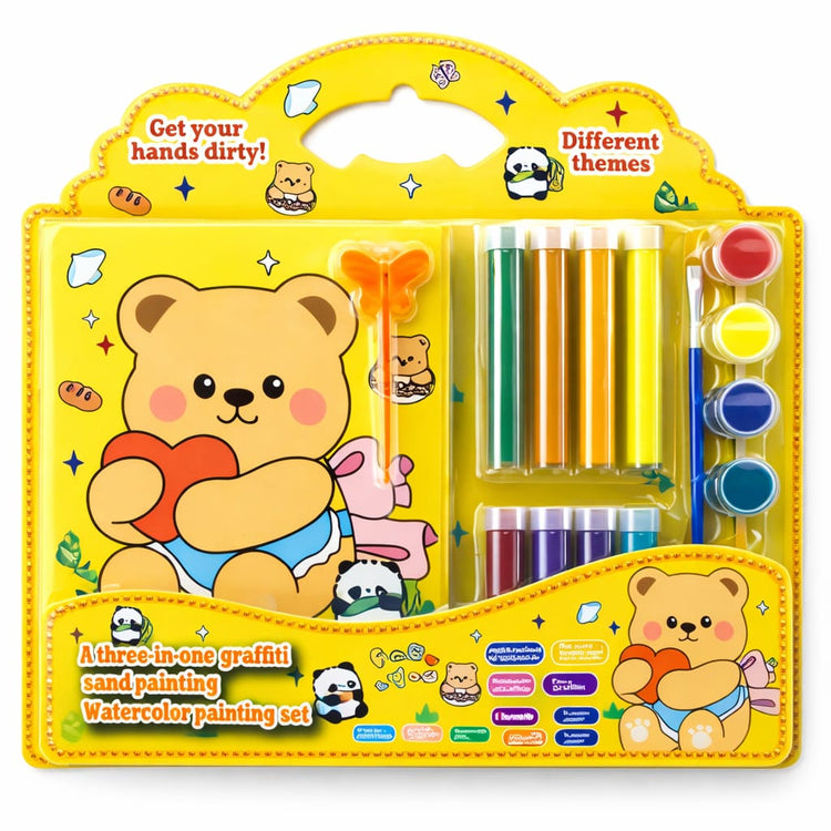 Kids Painting Art Set – 3 in 1 Watercolor, Sand Art & DIY Craft Kit with Paint Tubes, Brush & Tools – Cute Teddy Bear Drawing Kit for Boys & Girls, Creative Gift Set