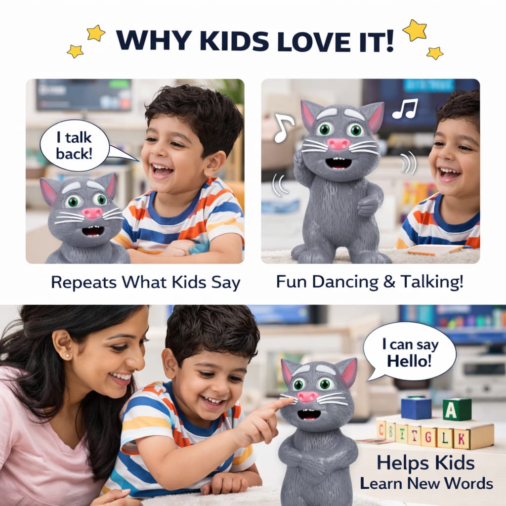 DHOOTHA™ Talking Cat Toy for Kids | Repeat Voice Interactive Plush Animal | Musical Mimicry Soft Toy with Sound | Birthday Gift for Boys & Girls