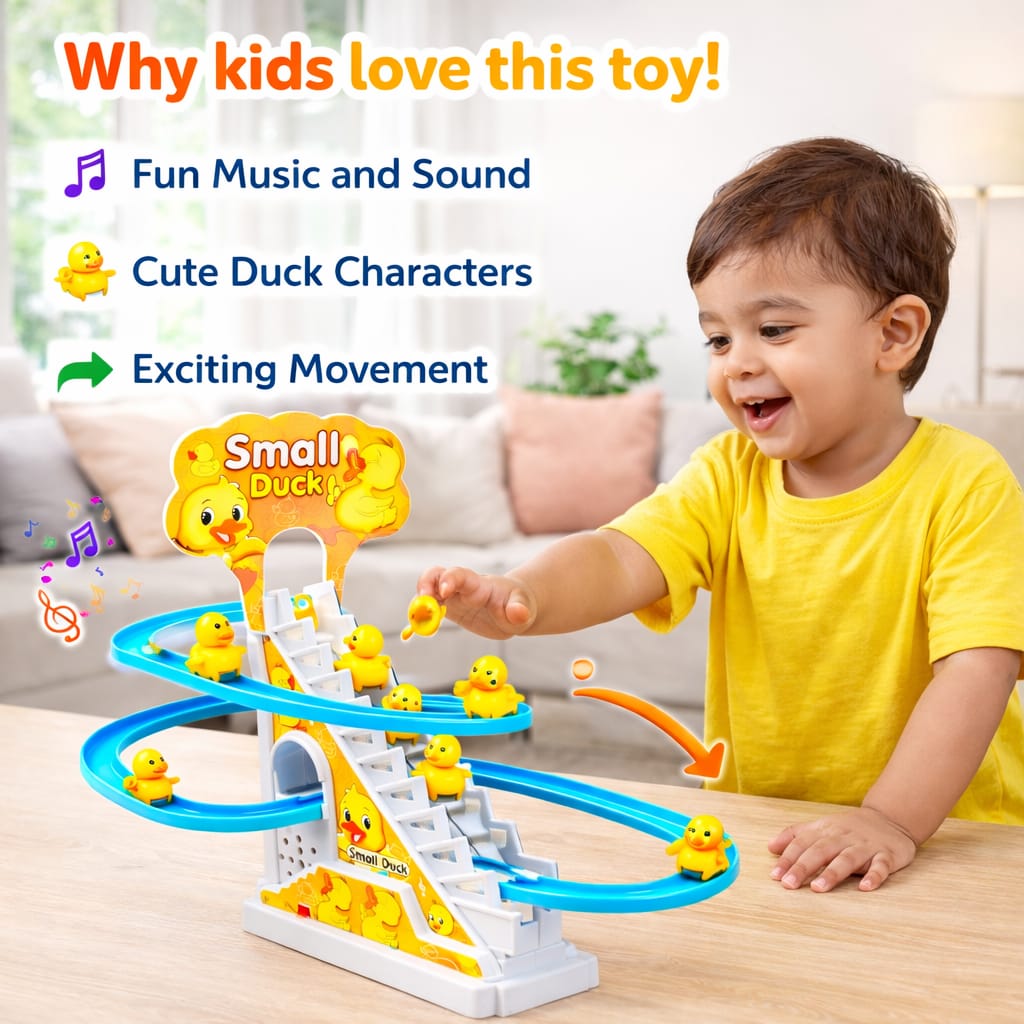 DHOOTHA™ Slide Track Duck Toy for Kids | Climbing Stairs Musical Duck Slide Set | Automatic Rolling & Light Toy | Early Learning Activity Gift for Boys & Girls 1–5 Years