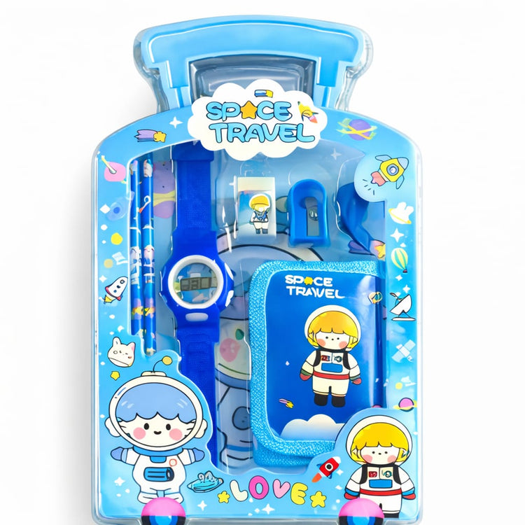 Space Travel Kids Gift Set with Digital Watch – Cartoon School Supplies Kit with Notebook, Pencil, Sharpener & Eraser – Astronaut Stationery Set for Boys & Girls, Return Gift Pack