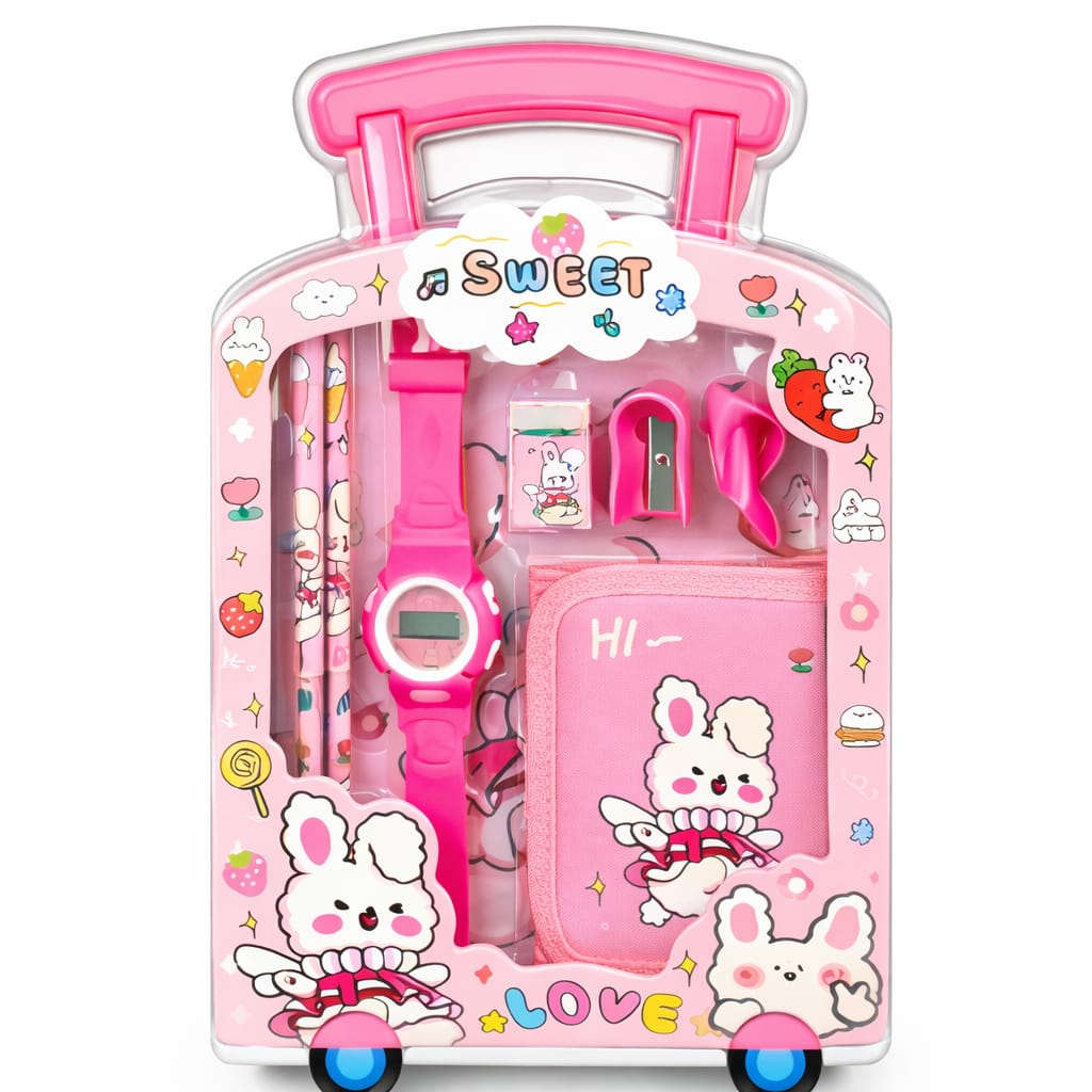Cute Bunny Kids Gift Set with Digital Watch – Pink Cartoon Stationery Kit with Notebook, Pencil, Eraser & Sharpener – Kawaii School Supplies Set for Girls, Return Gift Pack