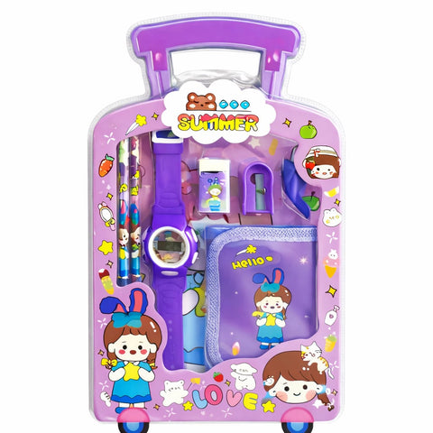 Cute Kids Gift Set with Digital Watch – Purple Cartoon Summer Theme Stationery Kit with Notebook, Pencil, Eraser & Sharpener – Kawaii School Supplies Set for Boys & Girls, Return Gift Pack