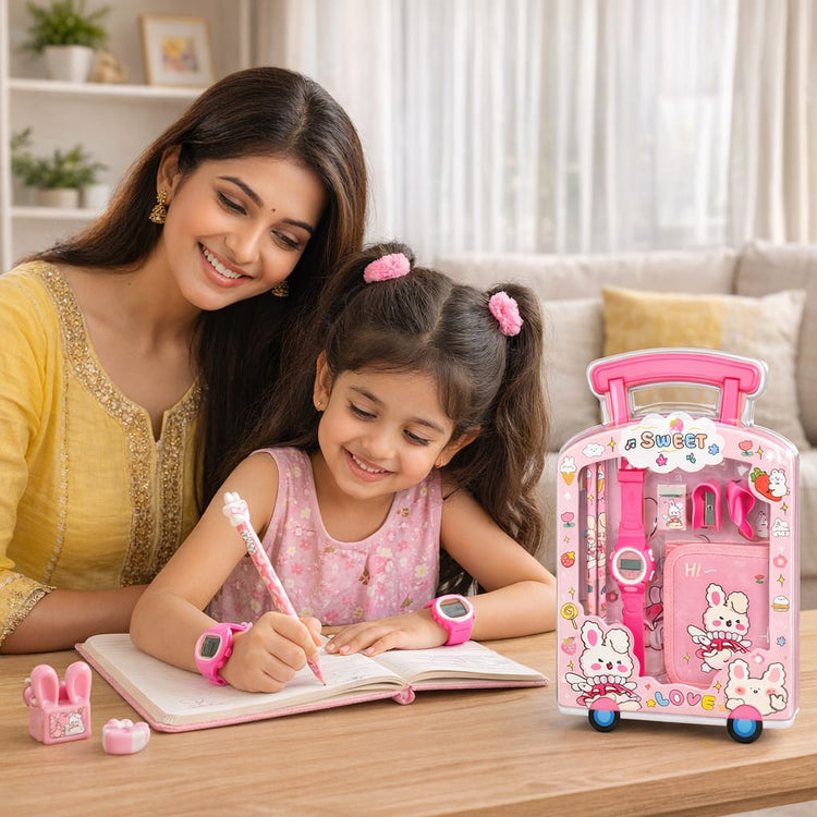 Cute Bunny Kids Gift Set with Digital Watch – Pink Cartoon Stationery Kit with Notebook, Pencil, Eraser & Sharpener – Kawaii School Supplies Set for Girls, Return Gift Pack