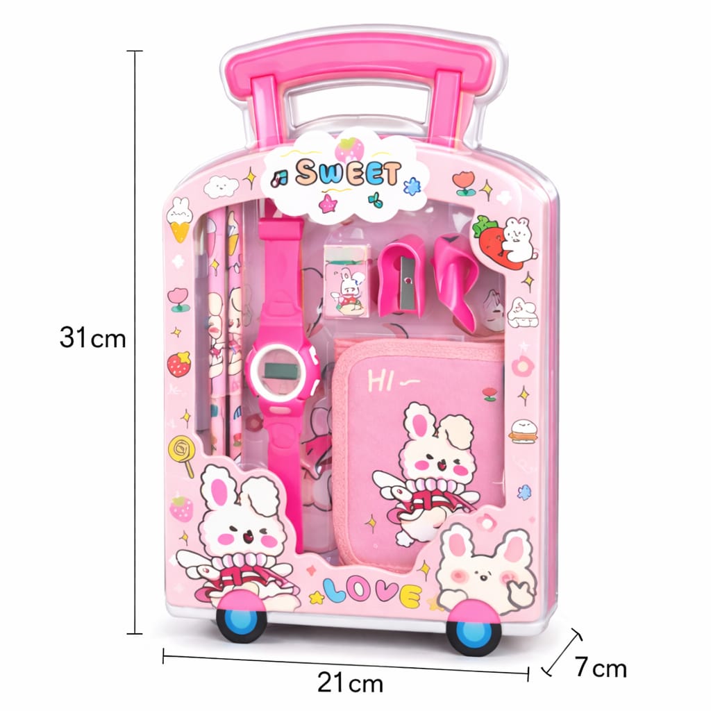 Cute Bunny Kids Gift Set with Digital Watch – Pink Cartoon Stationery Kit with Notebook, Pencil, Eraser & Sharpener – Kawaii School Supplies Set for Girls, Return Gift Pack
