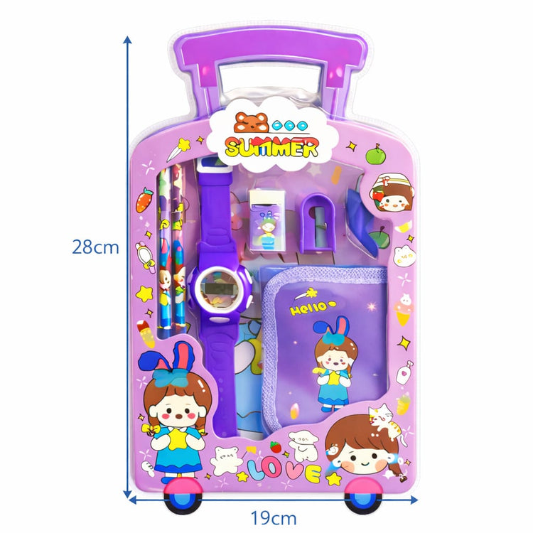 Cute Kids Gift Set with Digital Watch – Purple Cartoon Summer Theme Stationery Kit with Notebook, Pencil, Eraser & Sharpener – Kawaii School Supplies Set for Boys & Girls, Return Gift Pack