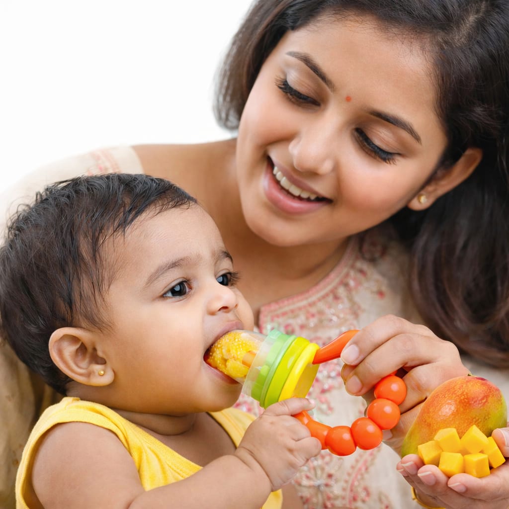 DHOOTHA™ Fruit Nibbler for Babies | BPA Free Silicone Feeder Pacifier for Fresh Fruits & Vegetables | Safe Self Feeding Teether for Infants | Easy Grip Toddler Food Dispenser