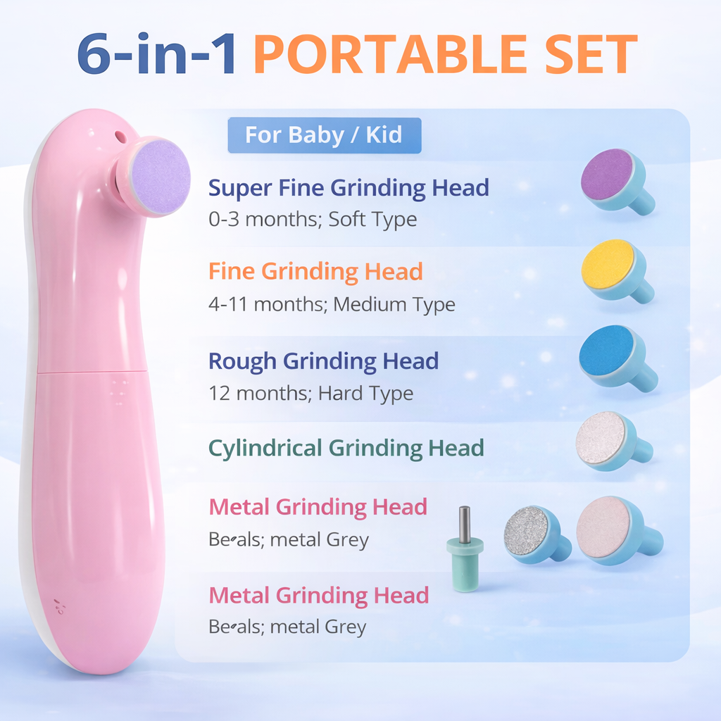 Dhootha™ Electric Baby Nail Trimmer for Newborn (0–12 Months) with LED Light & 6 Interchangeable Filing Heads | Safe & Gentle Infant Nail Care Grooming Kit with Adjustable Speed – Pink